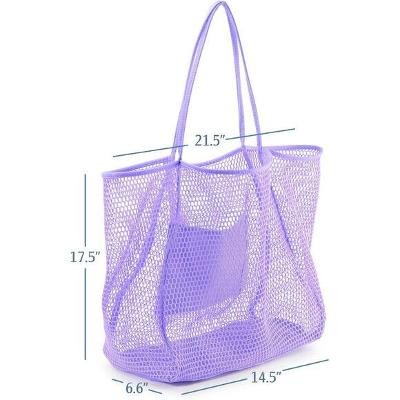 Women's Lavender Mesh Beach Tote Nylon/polyester No-closure Shoulder Hand Bag - Picture 4 of 6